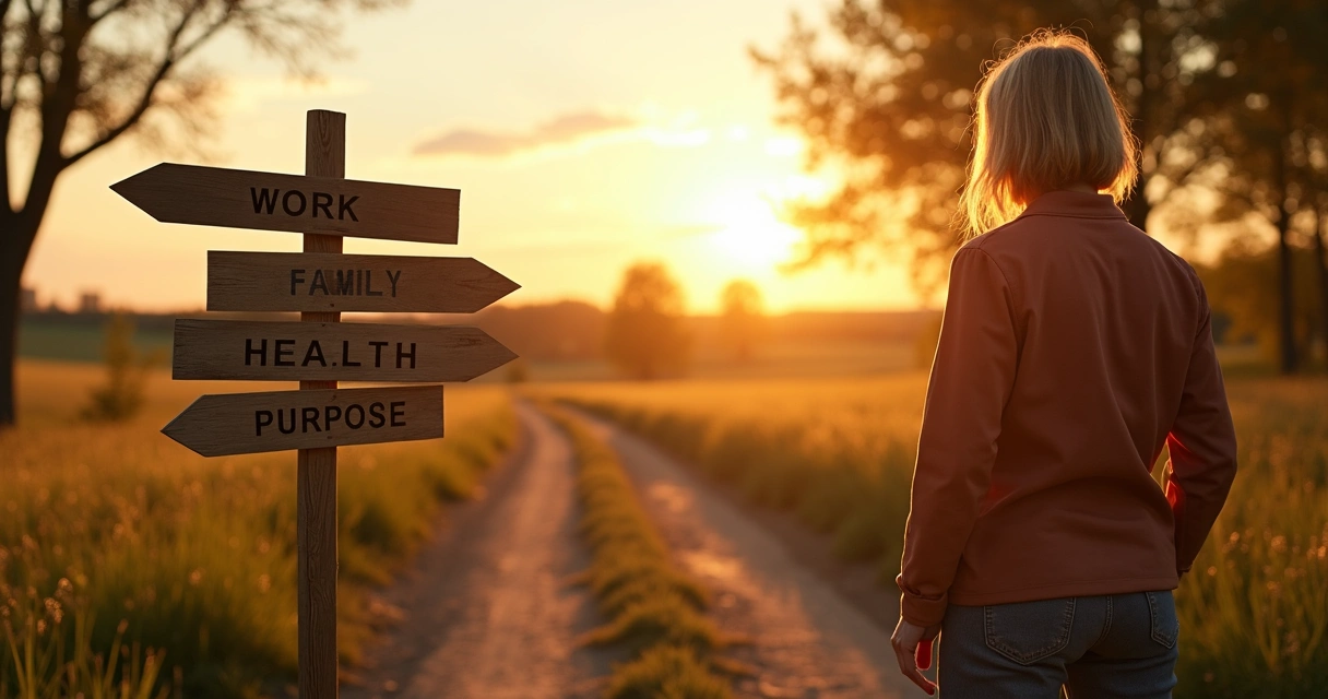 Person standing at a crossroads with signs for work, family, health, and purpose 