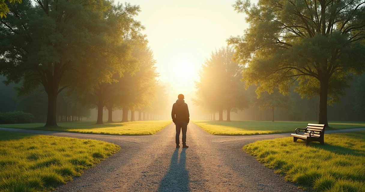Person standing at a crossroads path in morning light