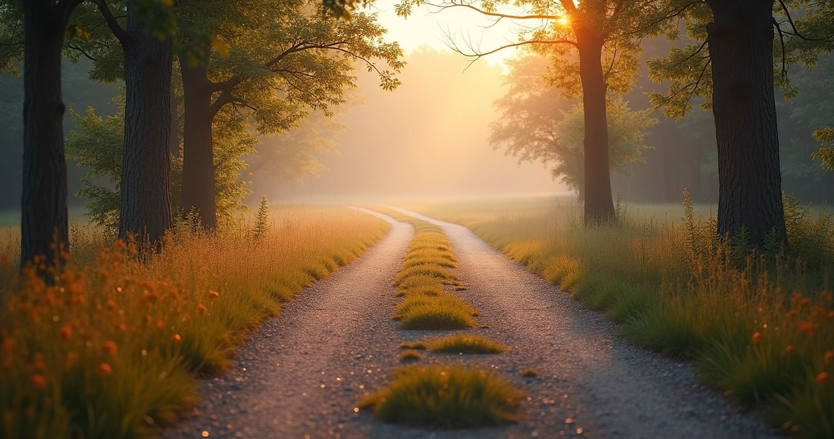 Two walking paths splitting at a quiet crossroads in nature