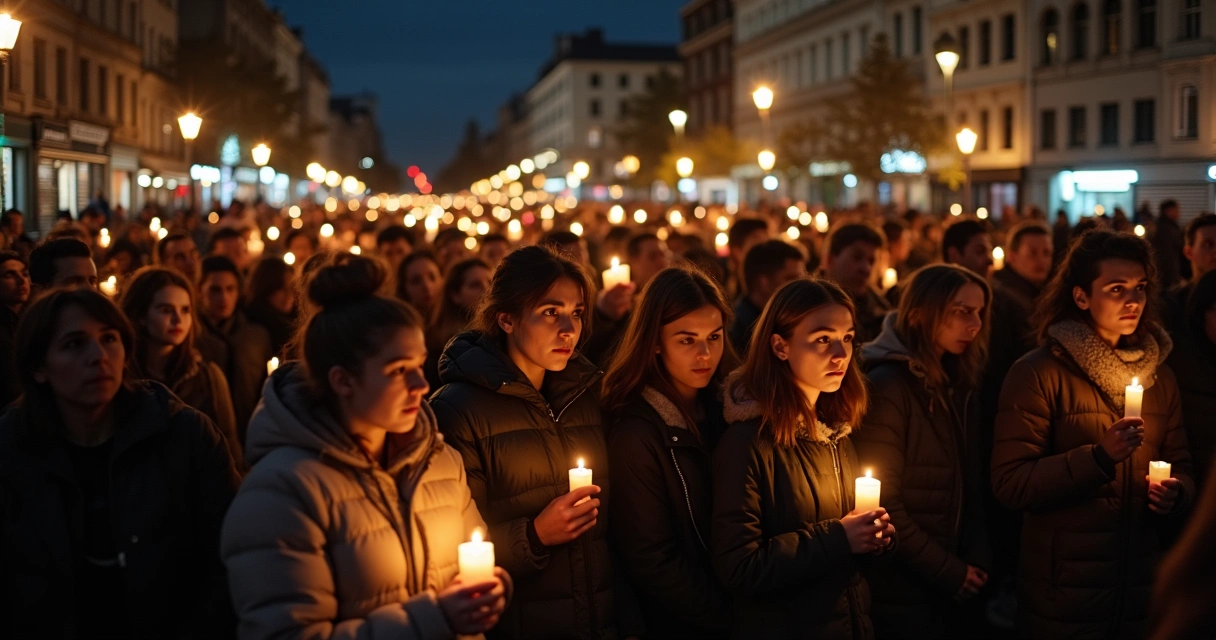 Crowd holding candles during a night vigil in a city square