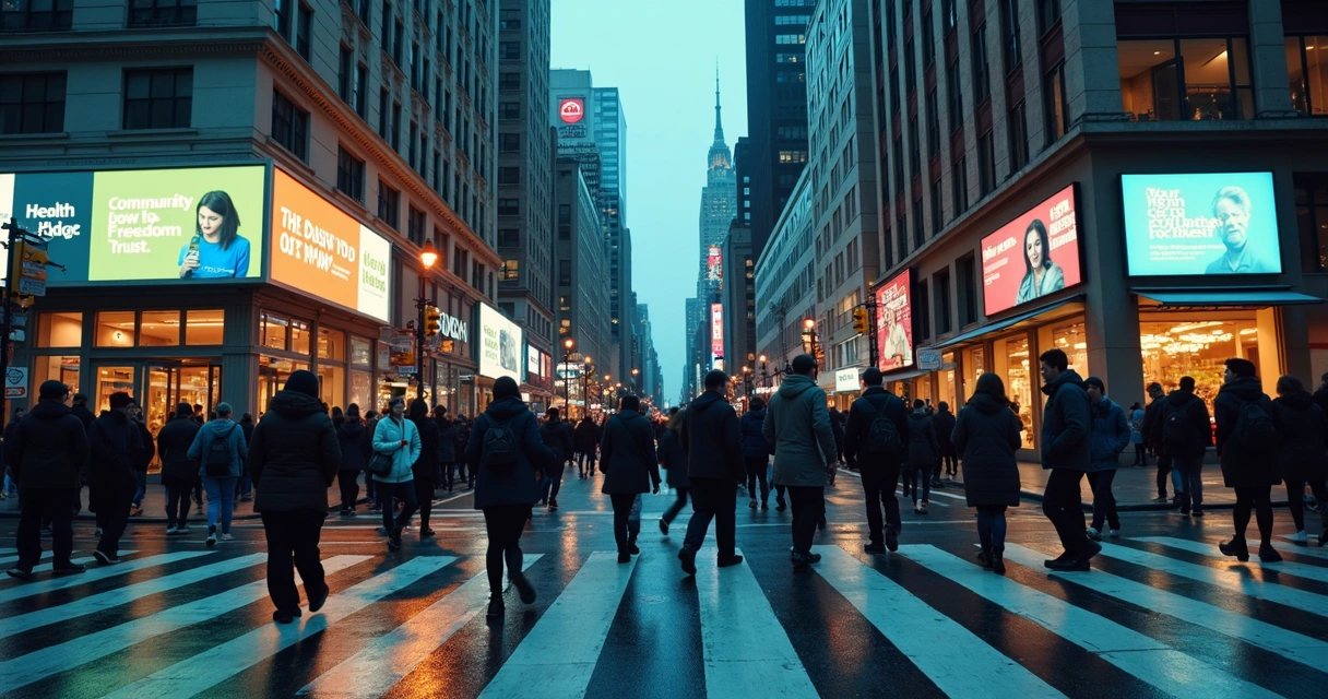 Crowd crossing city street with contrasting symbols of trust and identity 