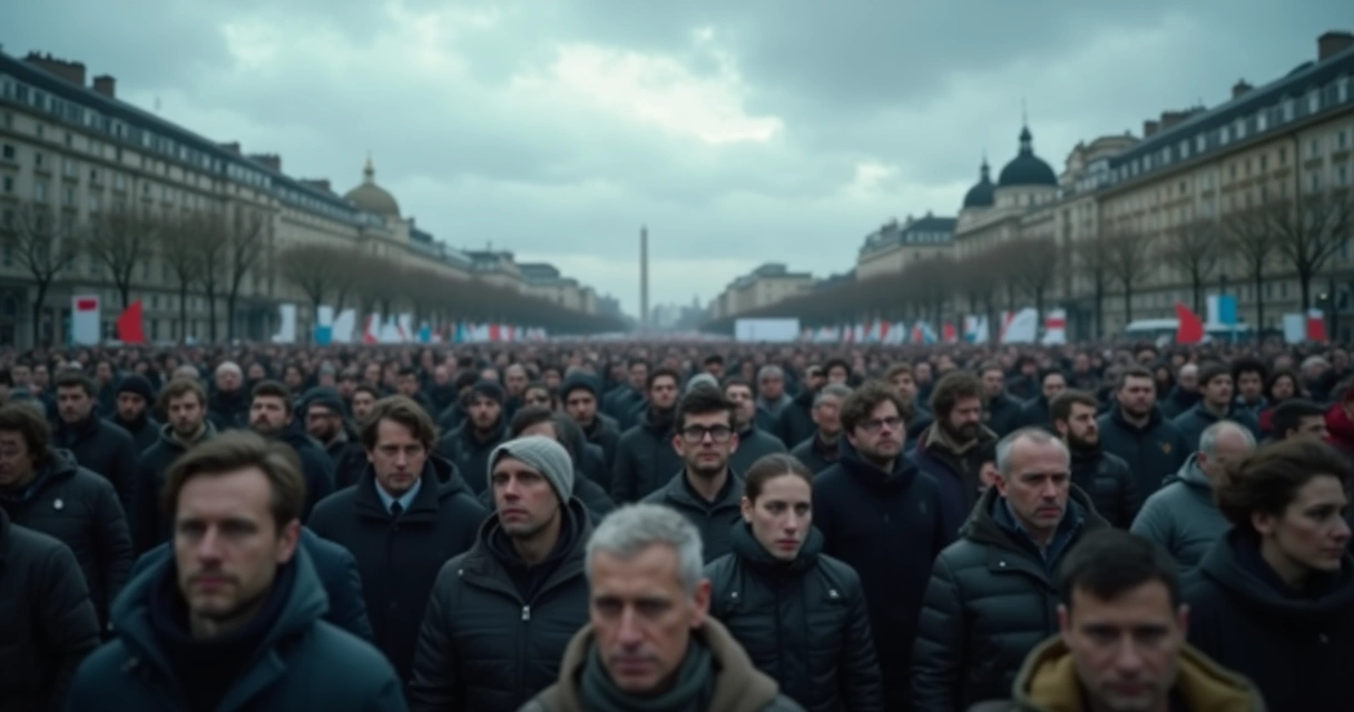 Large crowd of people in a city square, with faces blurred, subtle tension in body language, cool tones in the scene 