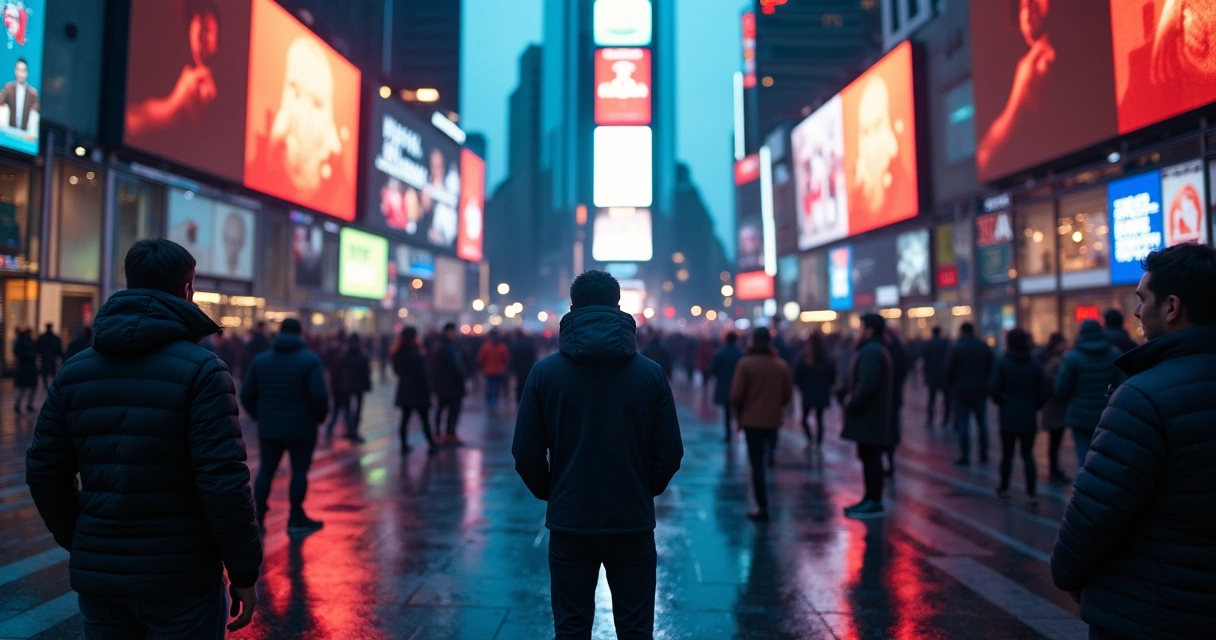 Crowd watching alarming news on large screens
