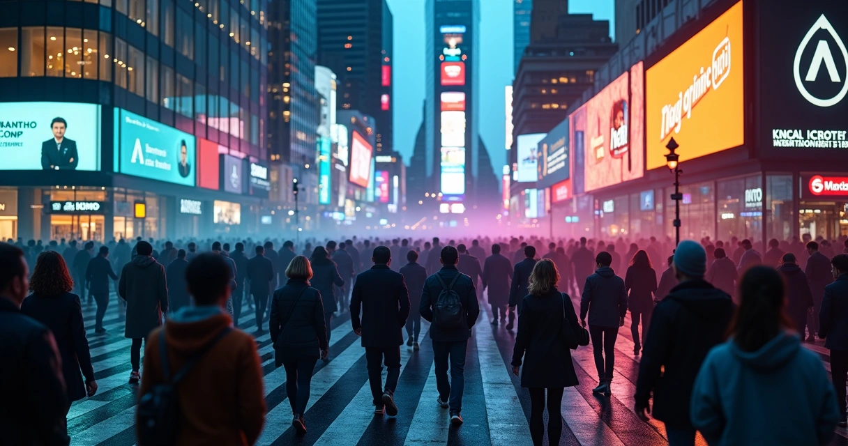 Multidão urbana com ondas de luz colorida simbolizando ansiedade coletiva 