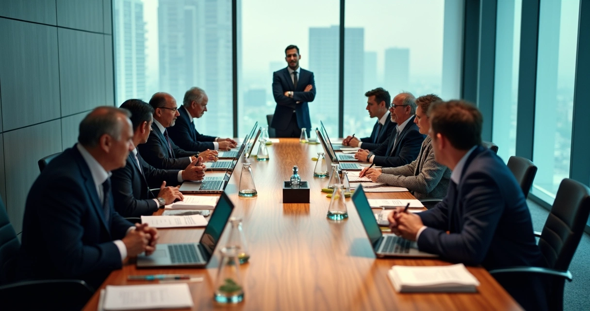 Boardroom split into old control mindset and flowing systemic connection 