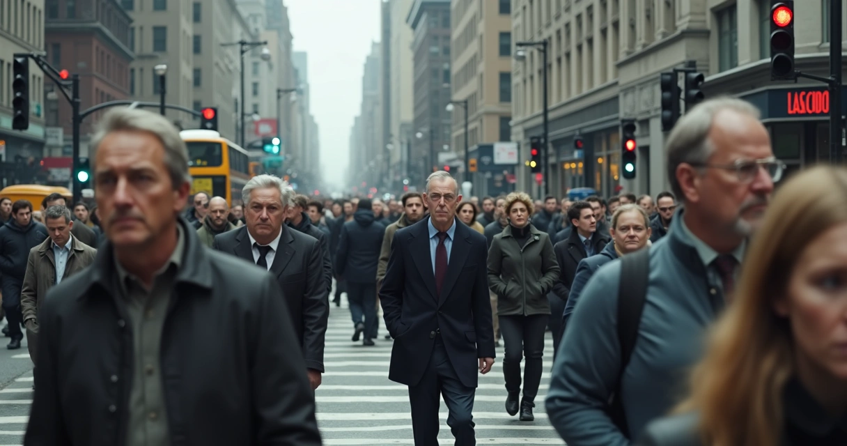 Crowded city crosswalk with tense commuters