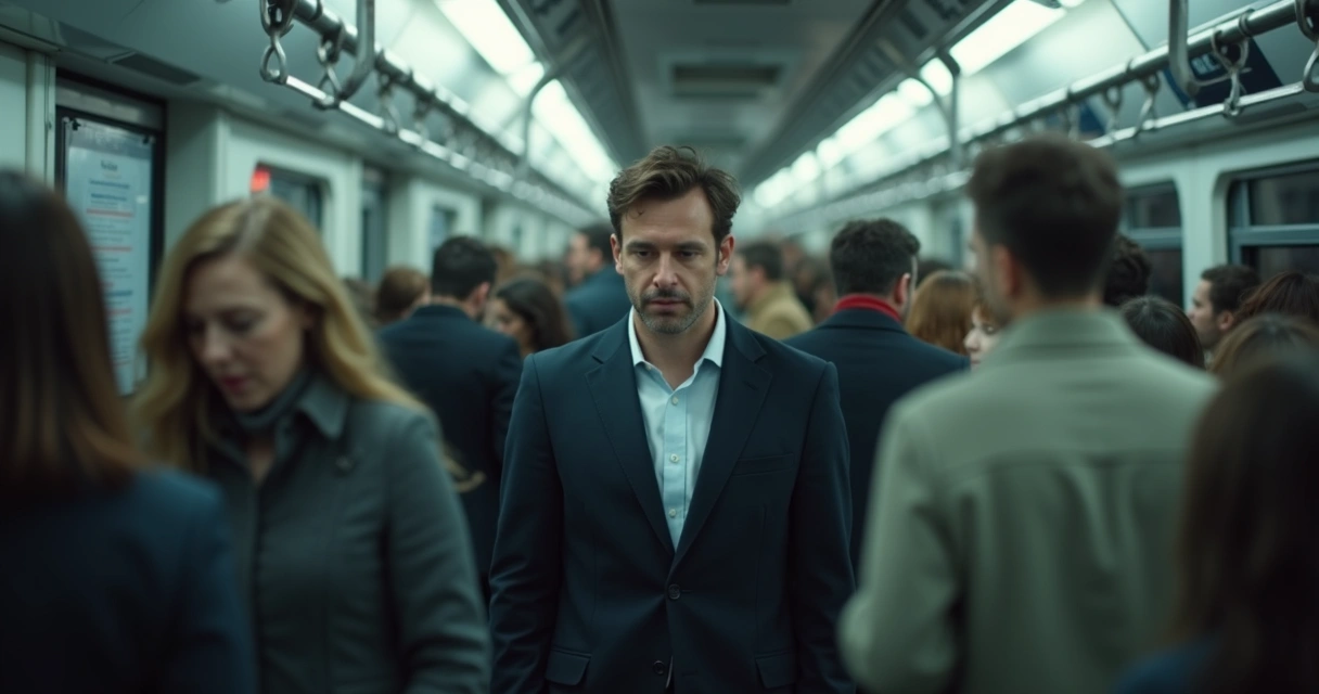 Crowded subway with one person looking mentally drained