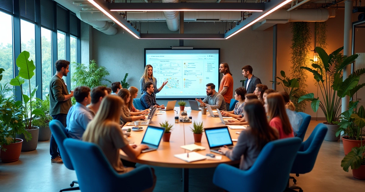 Time diversificado trabalhando juntos em um escritório, compartilhando ideias ao redor de uma grande mesa 