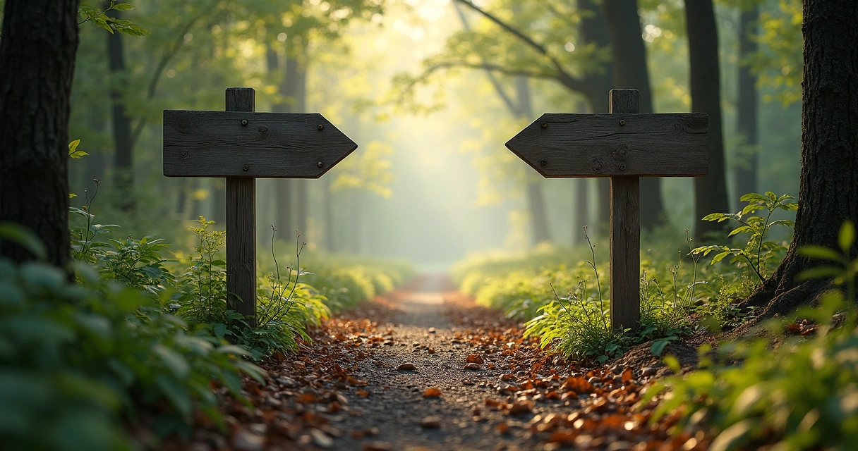 Cruce de caminos en un bosque con señales opuestas 