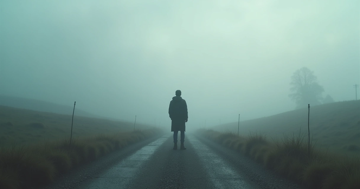 Persona eligiendo camino en bifurcación rodeada de neblina 