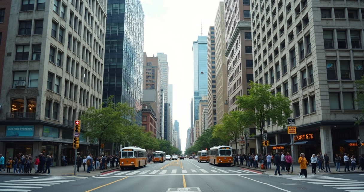 Cruce urbano con zonas modernas y edificios desgastados