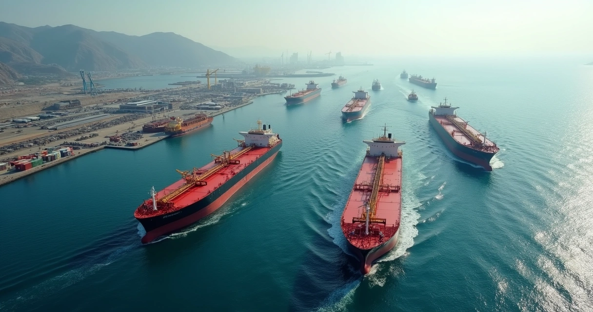 Oil tankers gathered in a harbor, view from above, some in motion, cranes and dock infrastructure lined with containers and pipes 
