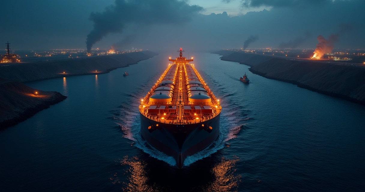 Oil tanker passing through narrow strait under warships and flares at night 
