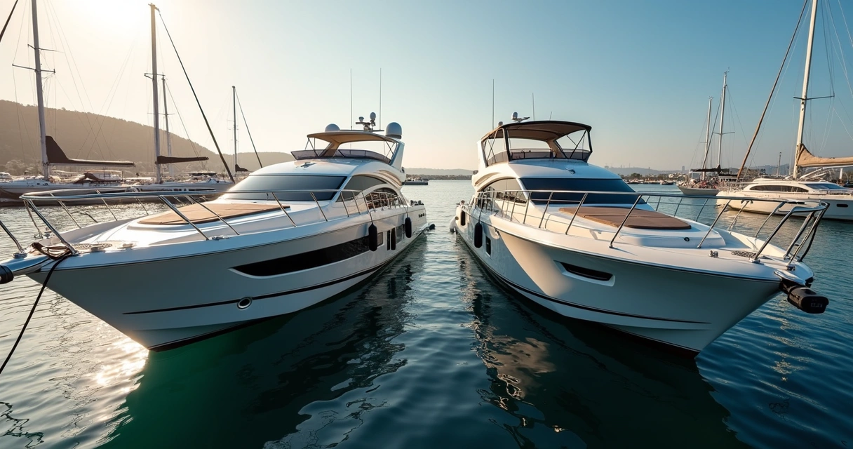 Comparison of cabin cruiser and deck boat hulls side by side in marina. 