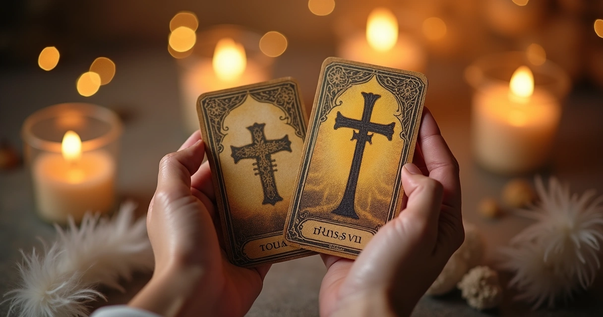 Cruz e Caminhos do baralho cigano com luz espiritual ao fundo 