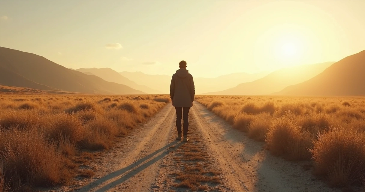 Pessoa caminhando em uma encruzilhada de caminhos em meio à natureza