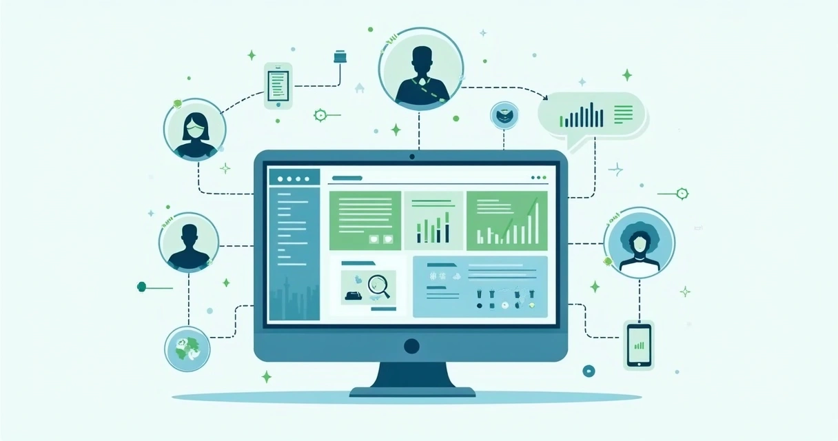 Computador central conectando dados abertos e invisíveis representados por ícones distintos. 
