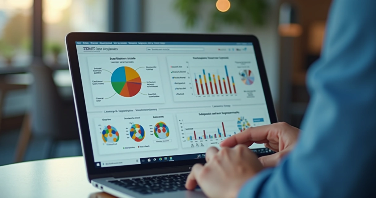 Profissional analisando gráficos e tabelas sobre satisfação e dados públicos em notebook 