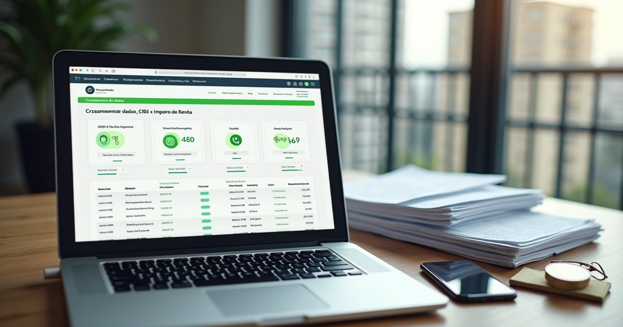 Proprietário analisa cruzamento de dados do CIB e imposto de renda no laptop 