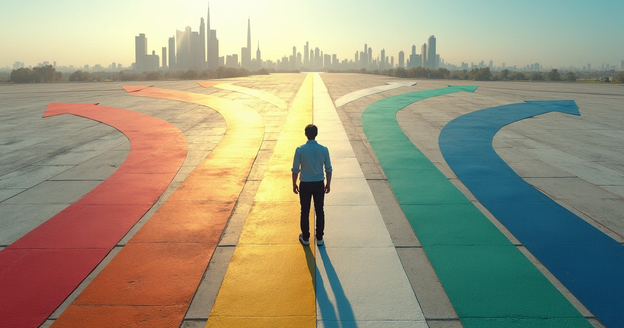 Cruzamento de caminhos profissionais com setas indicando diferentes direções 