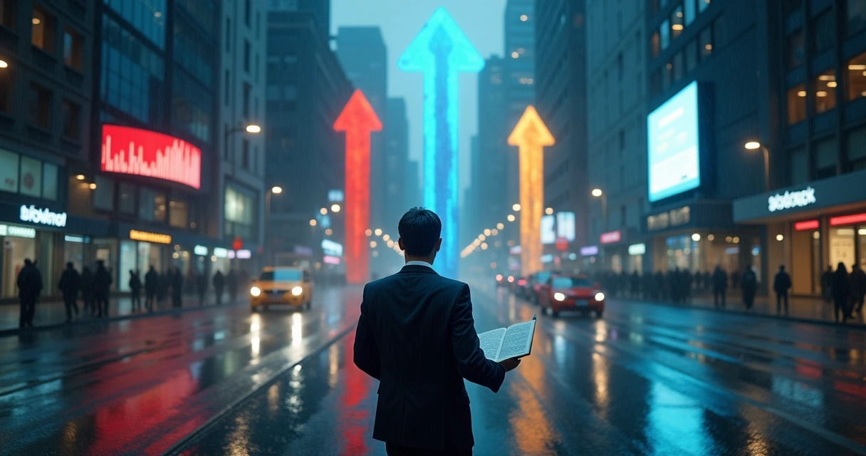 Pessoa em cruzamento urbano analisando setas iluminadas em meio à cidade em crise 