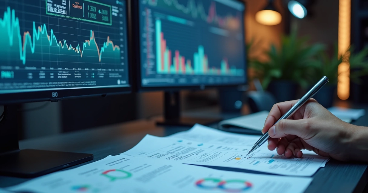 Tela de computador mostrando gráficos de cruzamento de dados fiscais, tabela digital ao lado de notas fiscais eletrônicas em papel