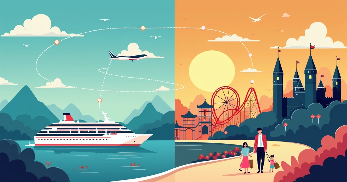 Navio de cruzeiro e parque temático em cena turística 