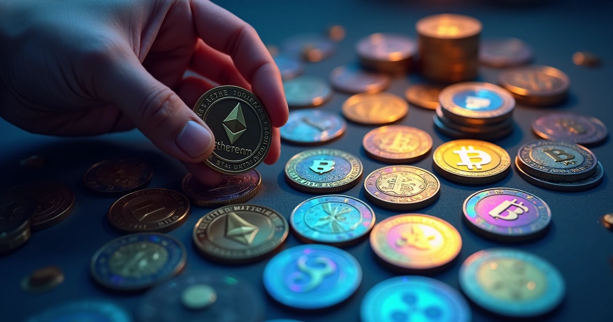 Various physical altcoins on a dark background