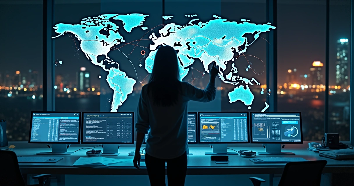 Forensics analyst tracing crypto transactions on holographic world map 