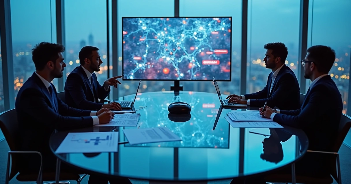 Expert panel discussing blockchain evidence around round table covered with crypto charts 