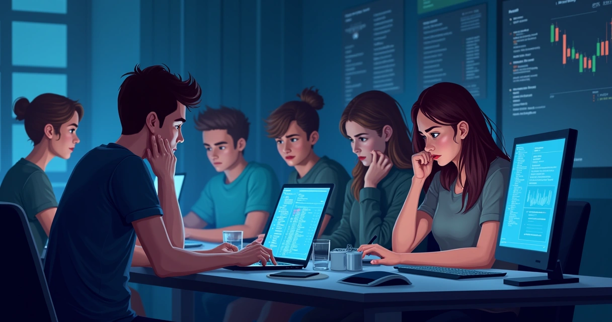 Crypto development team looking stressed in front of digital screens