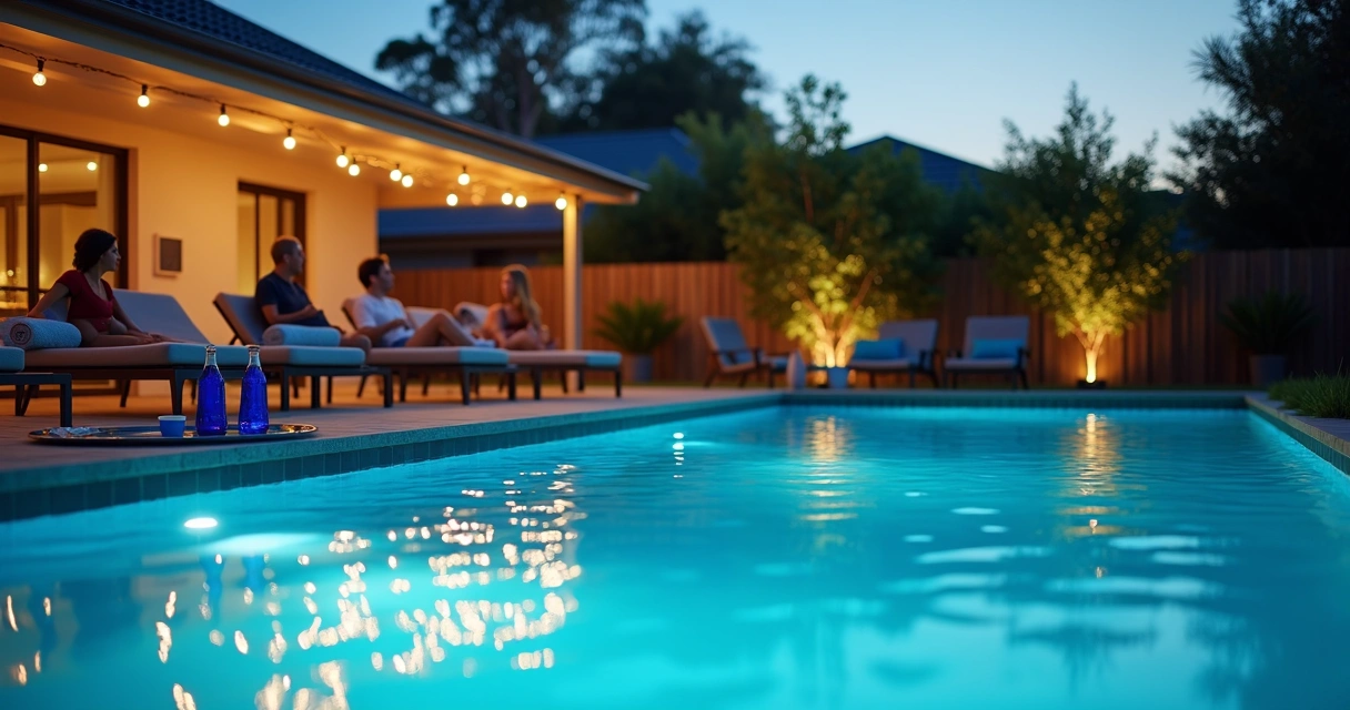 Backyard pool at dusk with sparkling clear water and guests relaxing nearby 