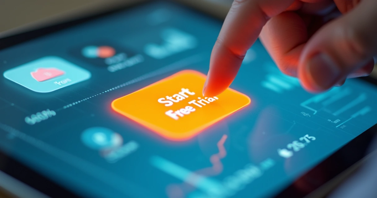 Person’s finger pressing a bright CTA button on a digital ad screen 