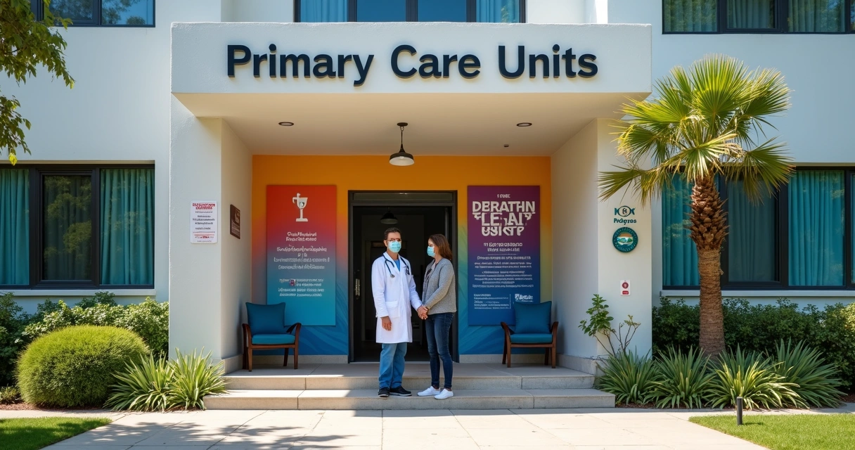 Fachada de uma unidade básica de saúde brasileira com faixa de testagem de ISTs