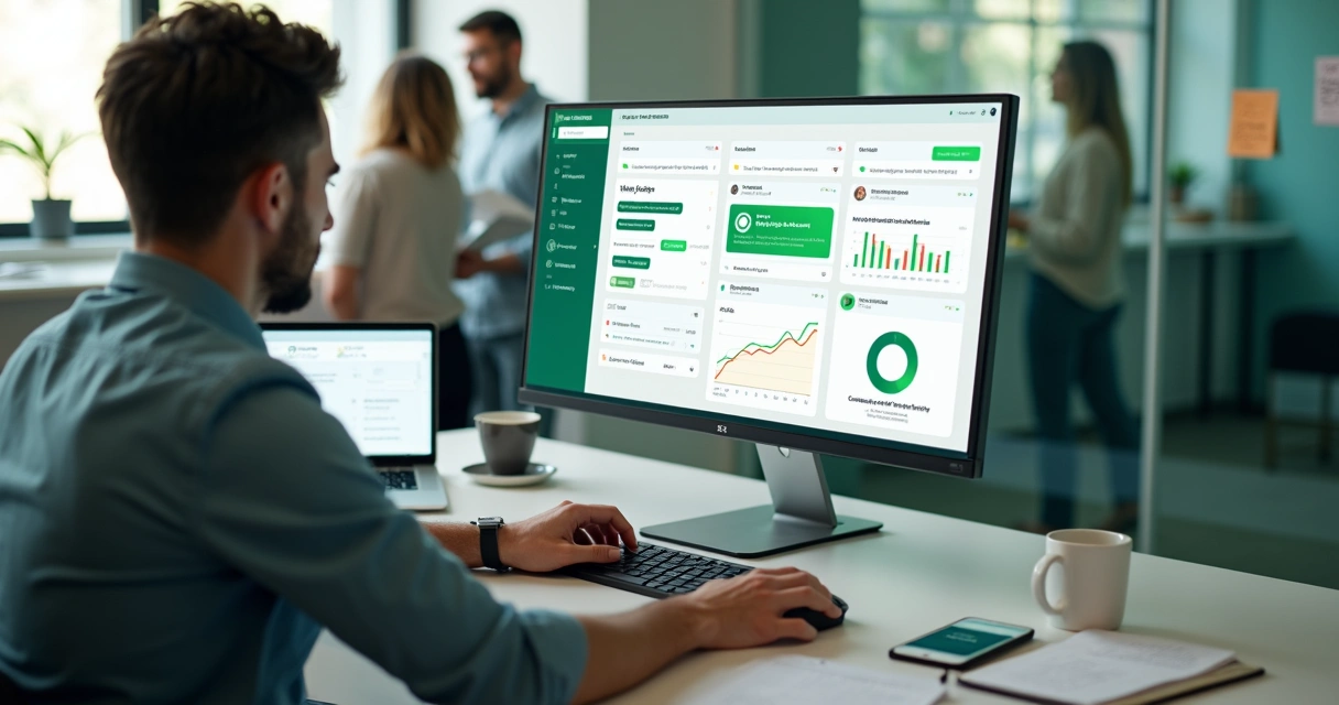 Profissional de marketing clicando em botão de CTA em painel de automação WhatsApp no computador 