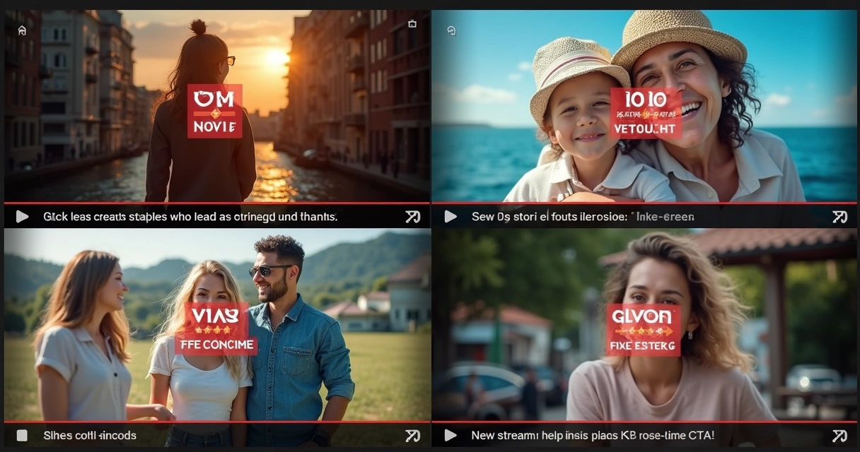 Montagem com vídeo, carrossel, stories e live, cada um com um CTA em destaque 