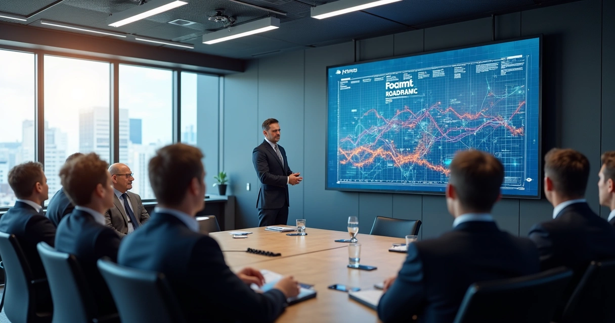 CTO apresentando estratégia tecnológica para diretoria em reunião de negócios 