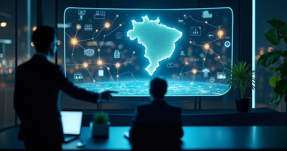 Mapa do Brasil em painel digital ligado a engrenagens tecnológicas e esquema de nuvem 