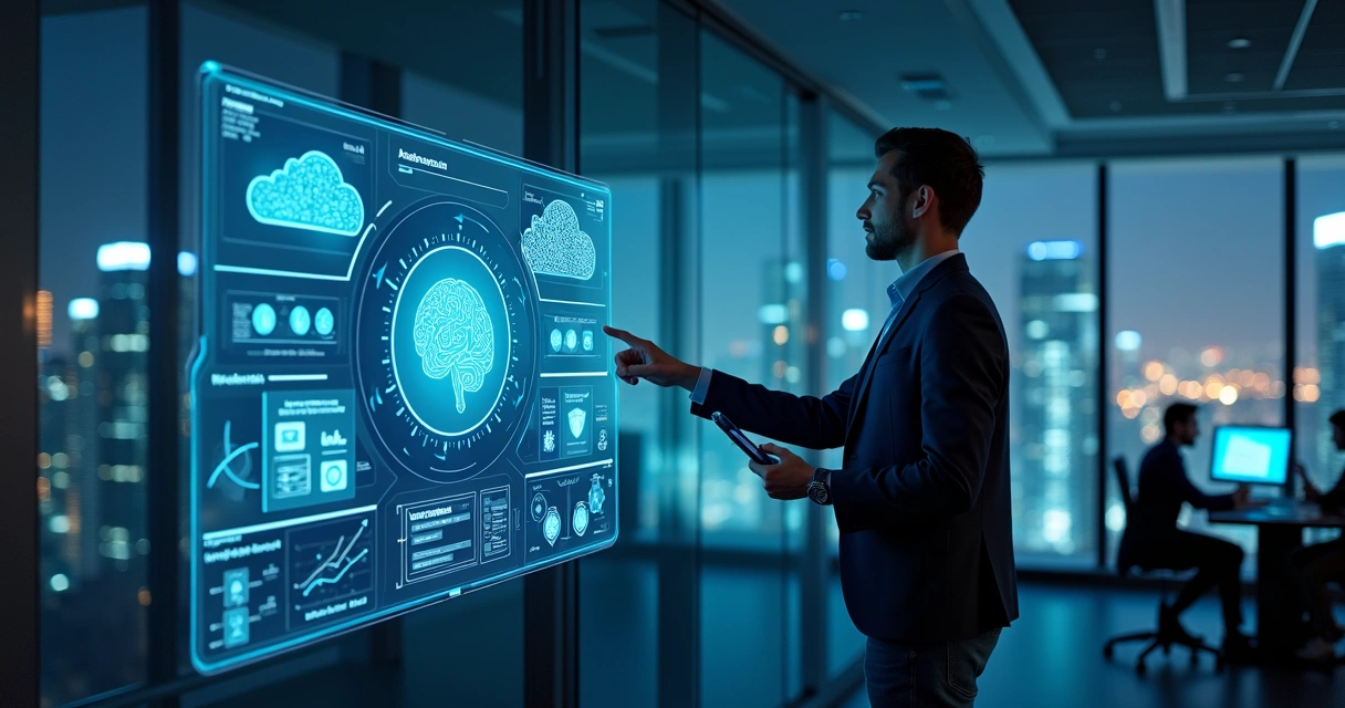 Executivo de tecnologia analisando painel digital com estratégia e infraestrutura em cloud 