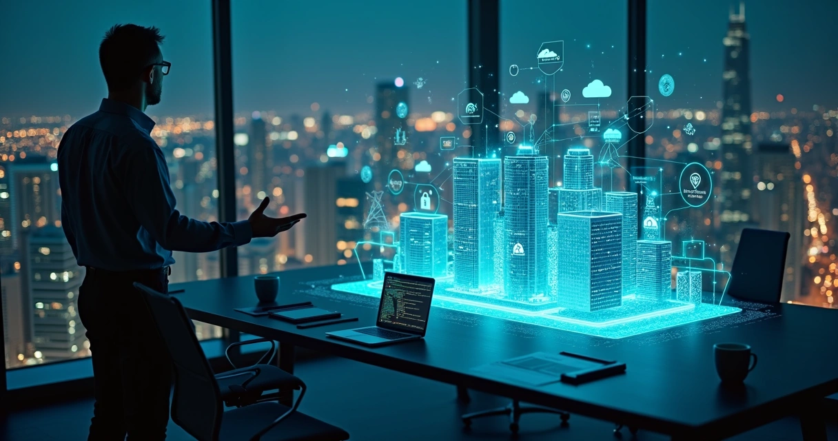 Consultor de tecnologia analisando maquete digital de infraestrutura de TI 