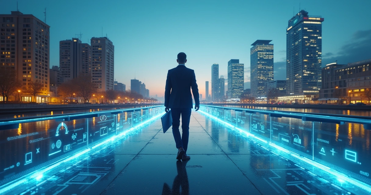 Profissional de tecnologia caminhando sobre ponte digital ligando empresa tradicional a cidade tecnológica 
