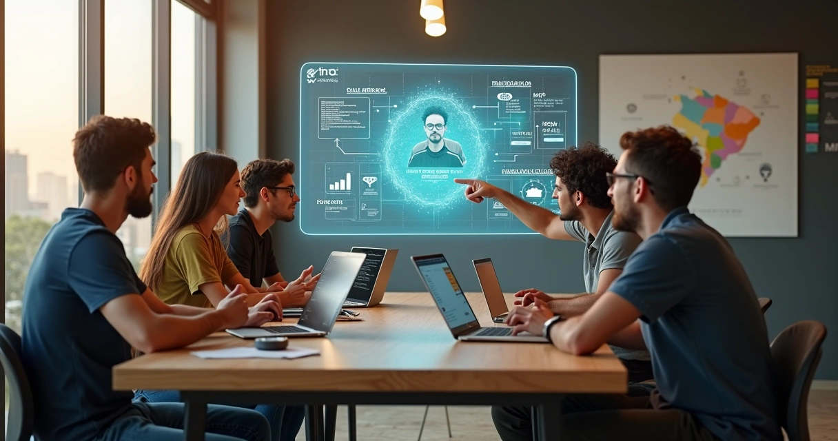 Equipe de startup colaborando com CTO remoto em painel holográfico 