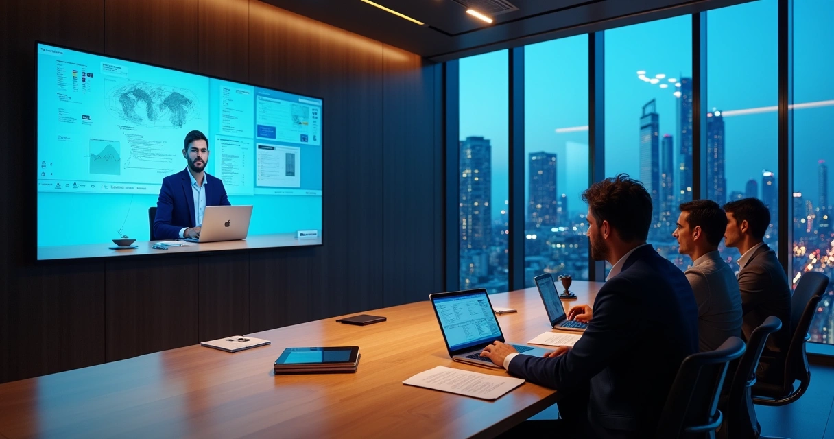 Sala de reunião mostrando comparação entre líder de tecnologia remoto e líder interno 