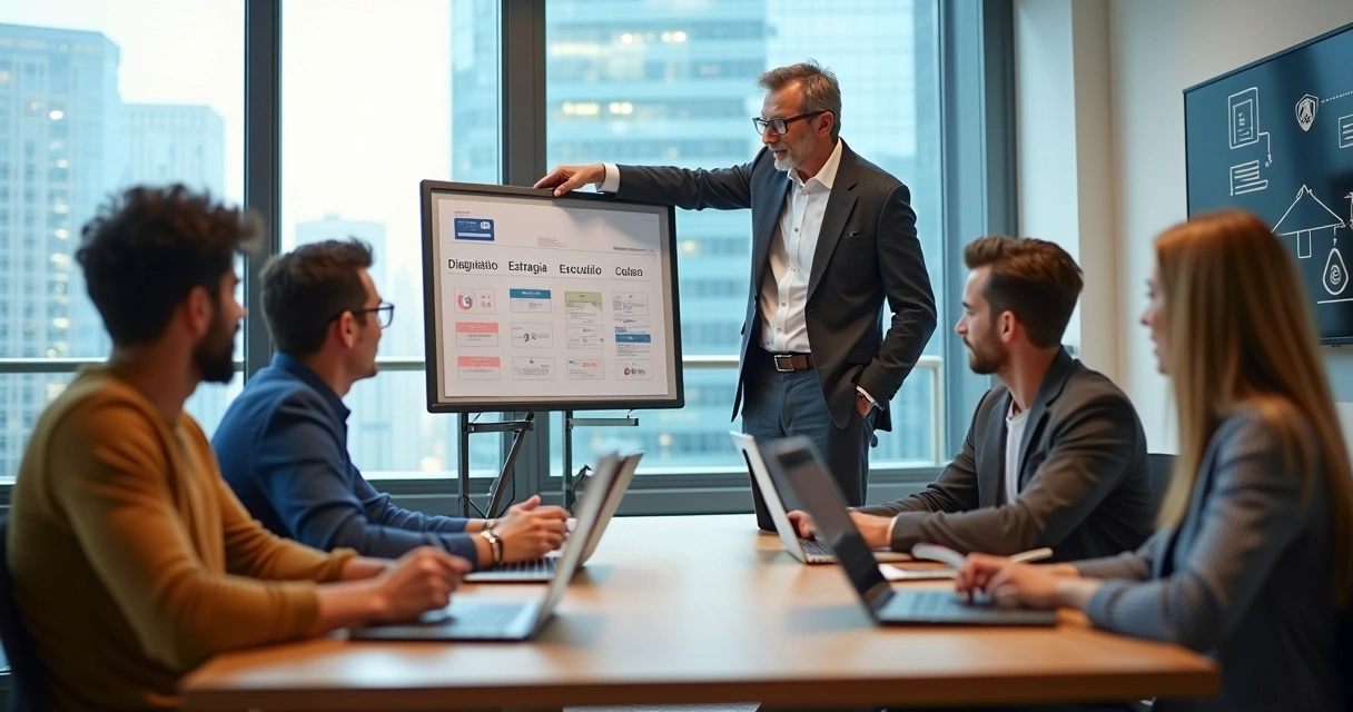 CTO fracionado orientando time de startup em reunião estratégica 
