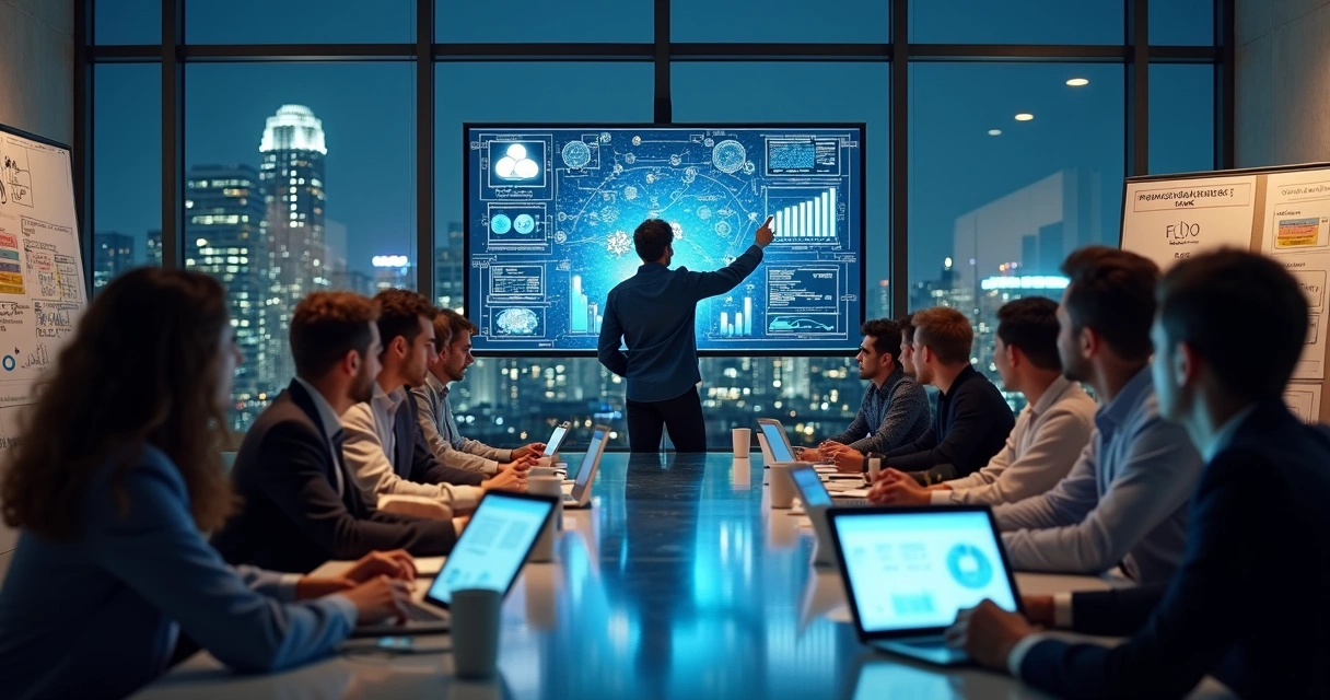 CTO liderando equipe de tecnologia em startup moderna 