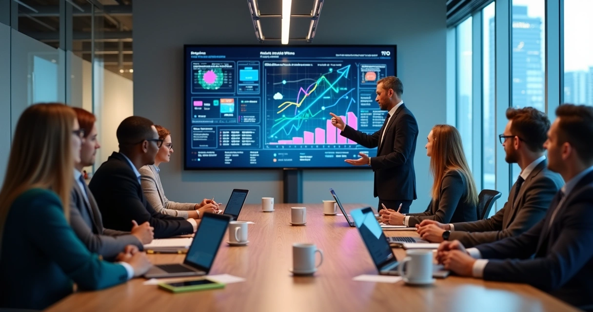 CTO liderando equipe de tecnologia em reunião estratégica com dashboards na tela 