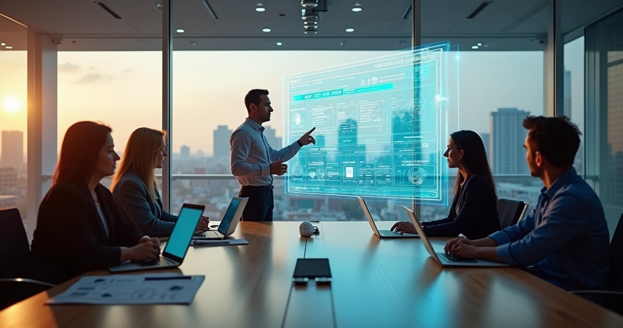 Líder de tecnologia virtual conduzindo reunião estratégica em sala de reunião futurista 