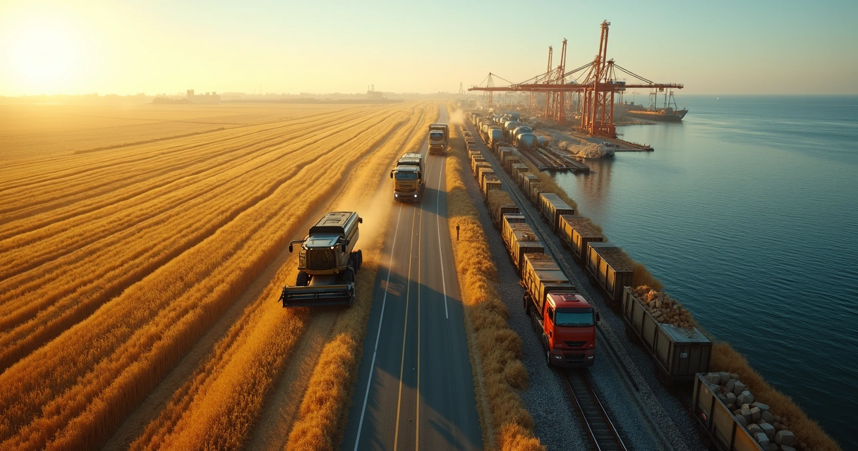Panoramic view of commodity supply chain from farm to port with digital data overlay 