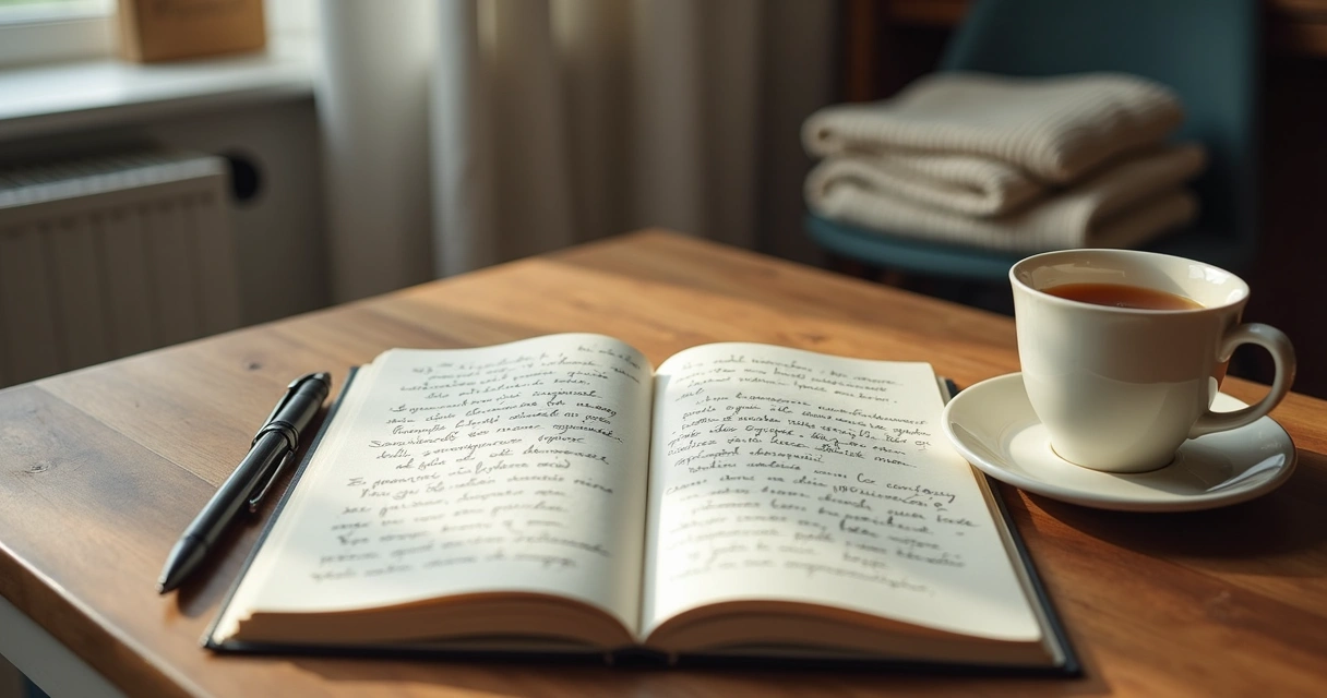 Cuaderno abierto con notas personales y una taza sobre una mesa de madera 