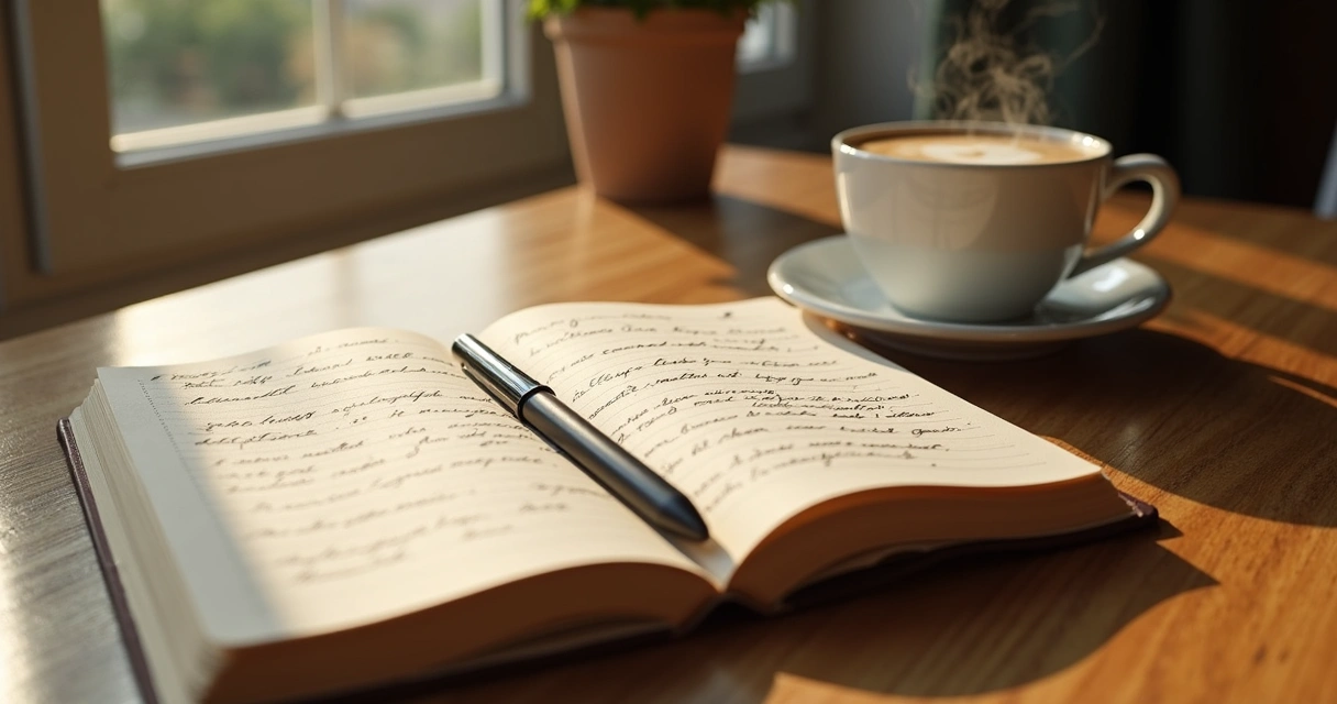 Cuaderno abierto y lápiz junto a una taza de café en una mesa iluminada 